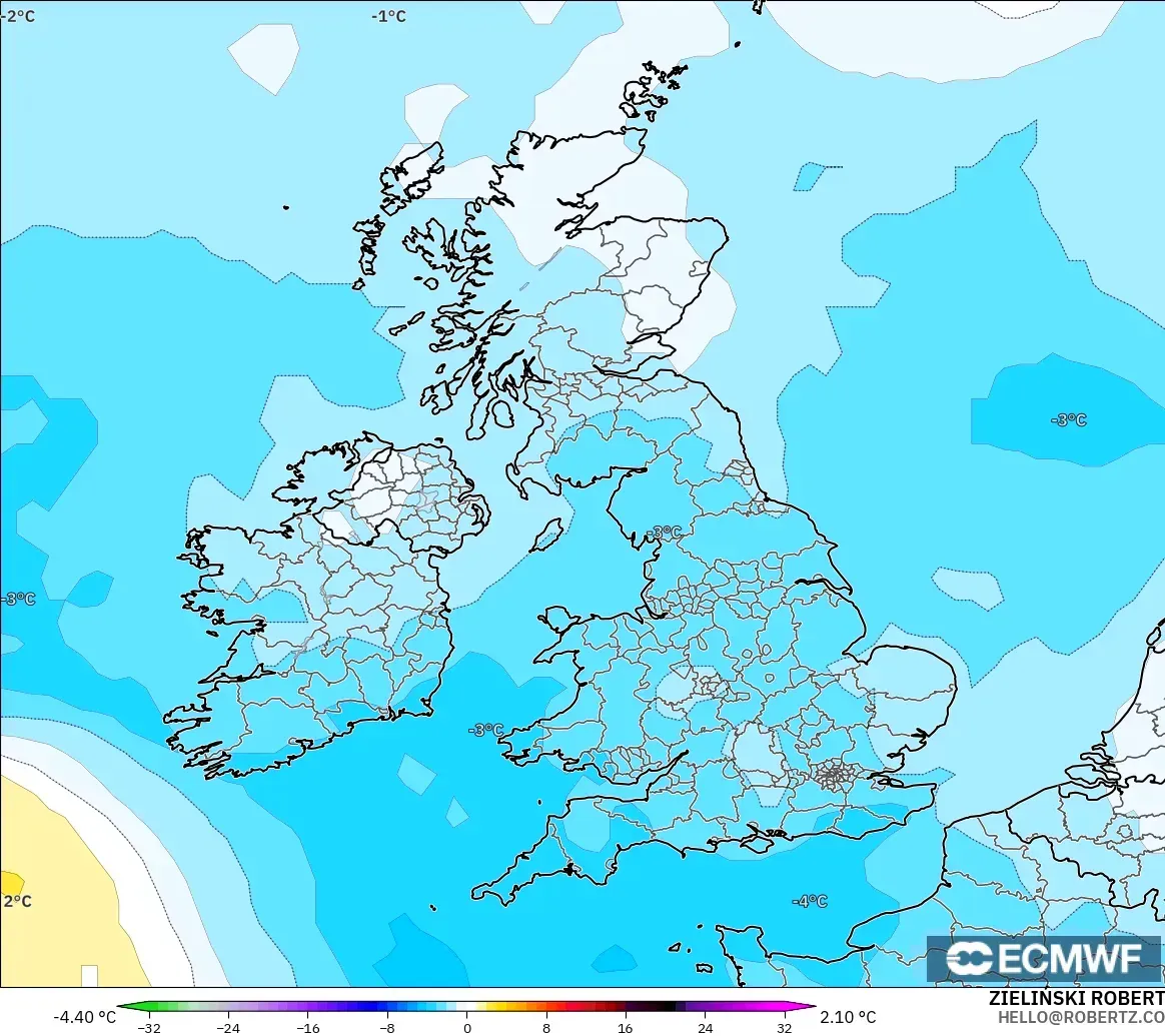 ECMWF IFS 0.25° modelo - Reino Unido, Anomalía de temperatura a 850 hPa