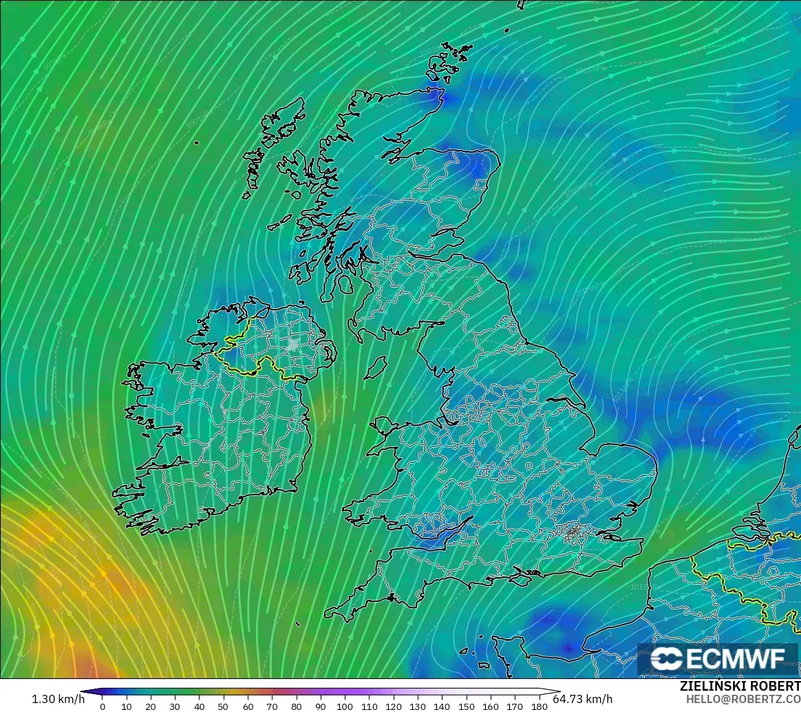 ECMWF IFS 0.25° modelo - Reino Unido, Viento a 10 m