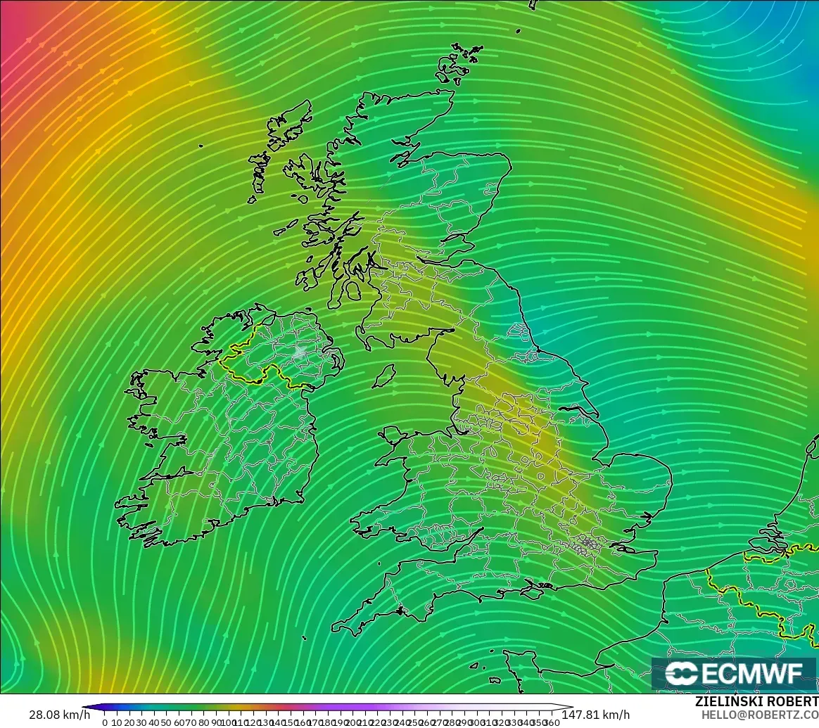 ECMWF IFS 0.25° modelo - Reino Unido, Viento a 300 hPa (corriente en chorro)