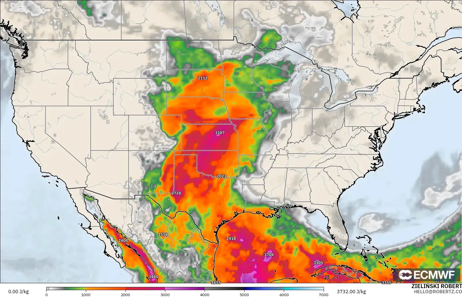 ECMWF IFS 0.25° modelo - Estados Unidos, CAPE
