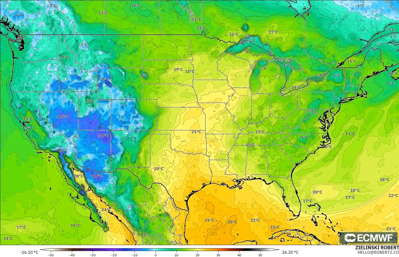 ECMWF IFS 0.25° modelo - Estados Unidos, Punto de rocío a 2 m
