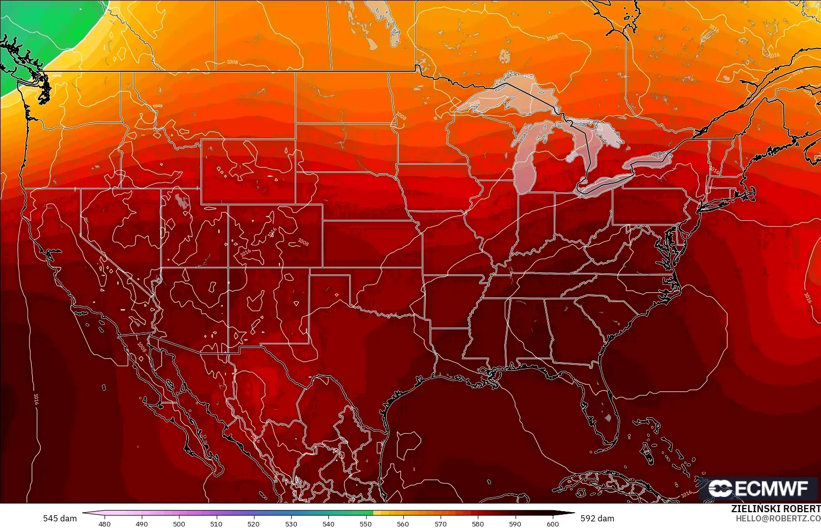 ECMWF IFS 0.25° modelo - Estados Unidos, Altura geopotencial a 500 hPa