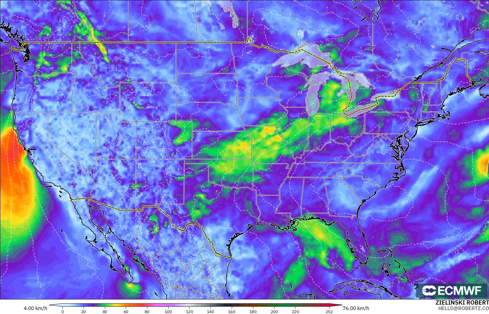 ECMWF IFS 0.25° modelo - Estados Unidos, Ráfagas de viento