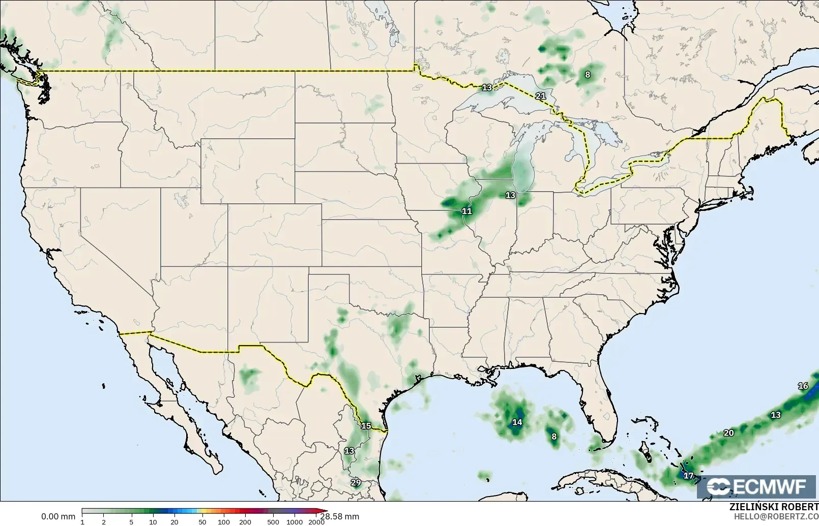 ECMWF IFS 0.25° modelo - Estados Unidos, Acumulación de precipitación
