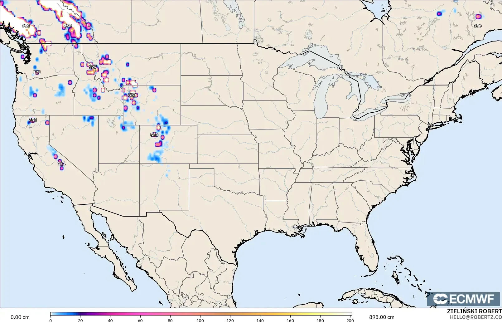 ECMWF IFS 0.25° modelo - Estados Unidos, Profundidad de nieve