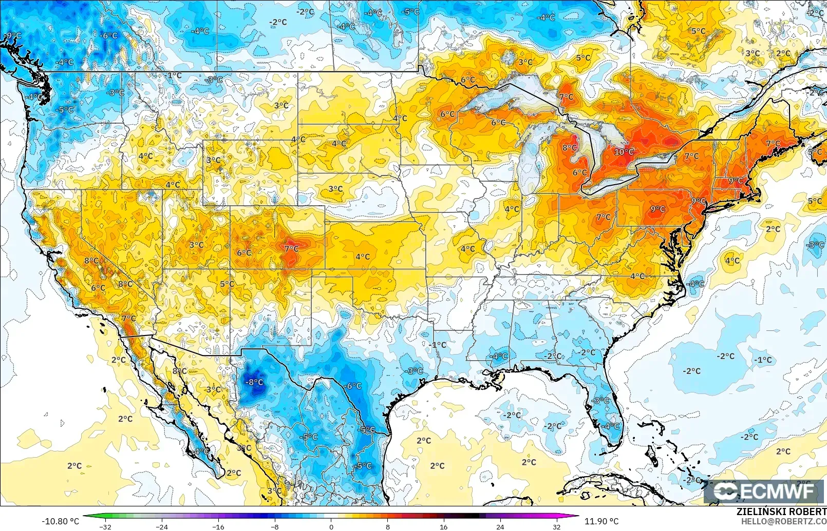 ECMWF IFS 0.25° modelo - Estados Unidos, Anomalía de temperatura a 2 m