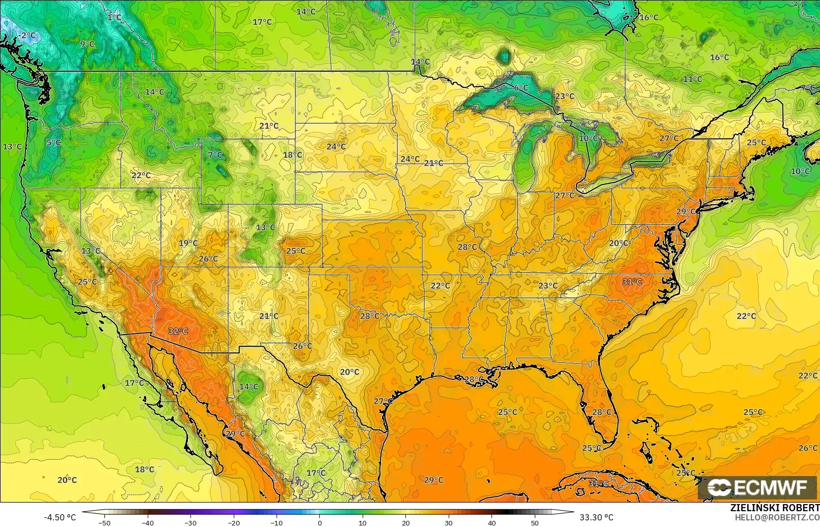 ECMWF IFS 0.25° modelo - Estados Unidos, Temperatura a 2 m