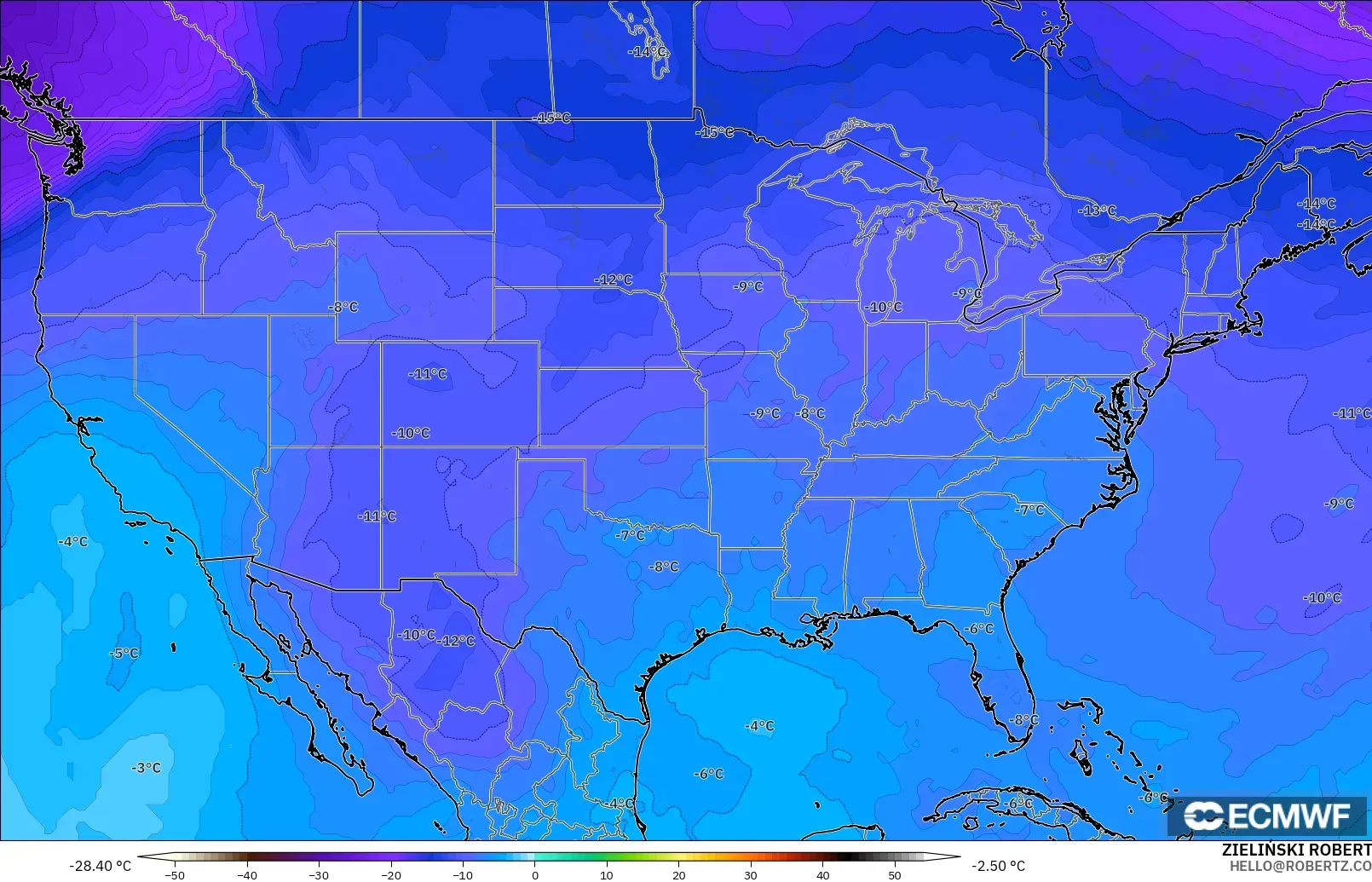 ECMWF IFS 0.25° modelo - Estados Unidos, Temperatura a 500 hPa