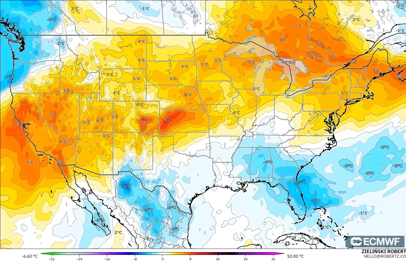 ECMWF IFS 0.25° modelo - Estados Unidos, Anomalía de temperatura a 850 hPa