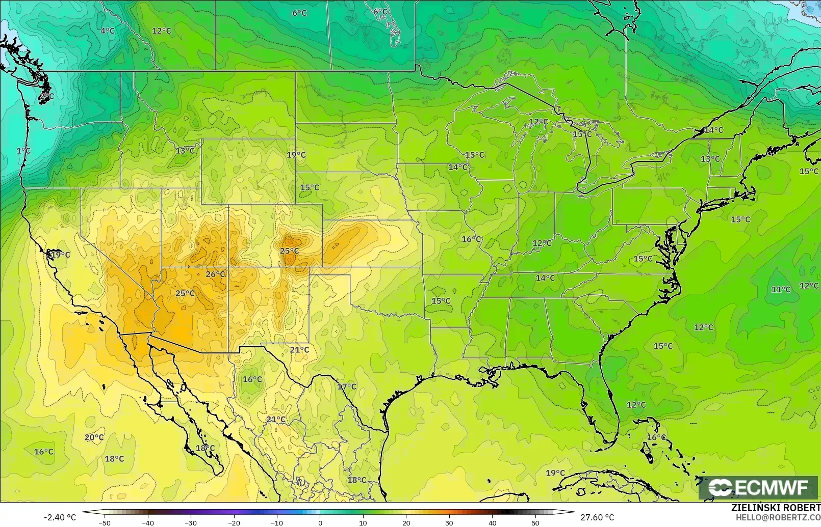ECMWF IFS 0.25° modelo - Estados Unidos, Temperatura a 850 hPa