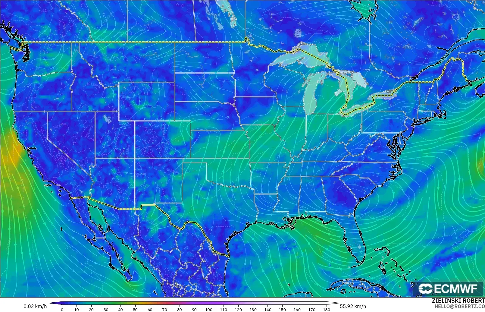 ECMWF IFS 0.25° modelo - Estados Unidos, Viento a 10 m