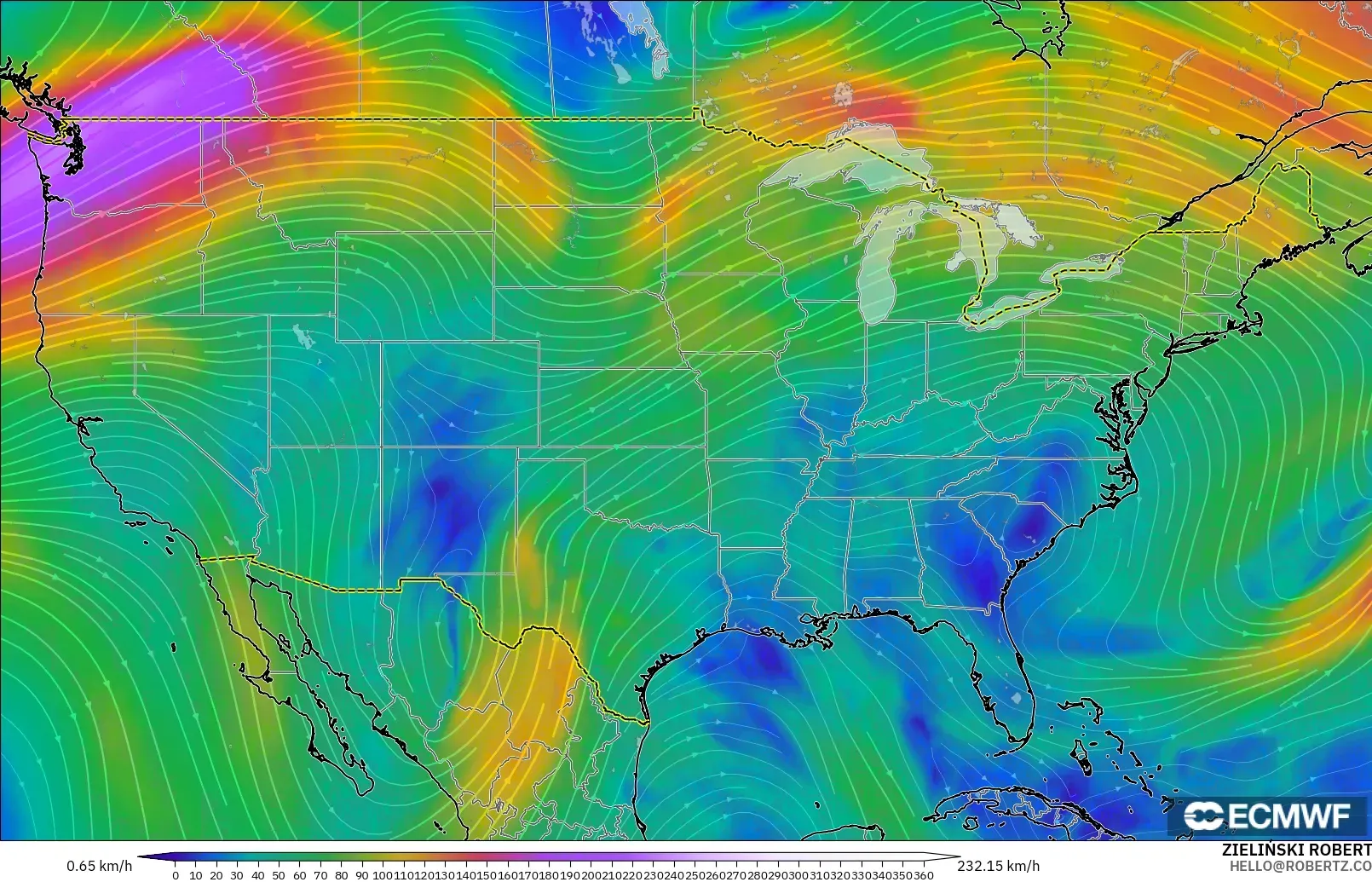 ECMWF IFS 0.25° modelo - Estados Unidos, Viento a 300 hPa (corriente en chorro)