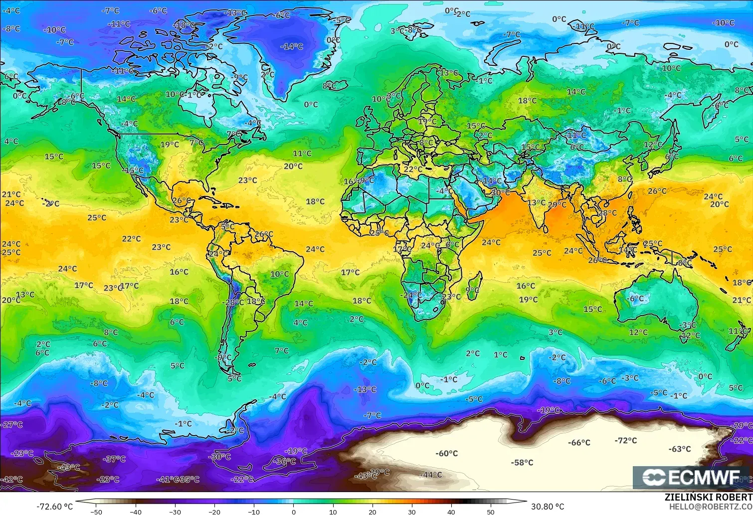 ECMWF IFS 0.25° modelo - Mundo, Punto de rocío a 2 m