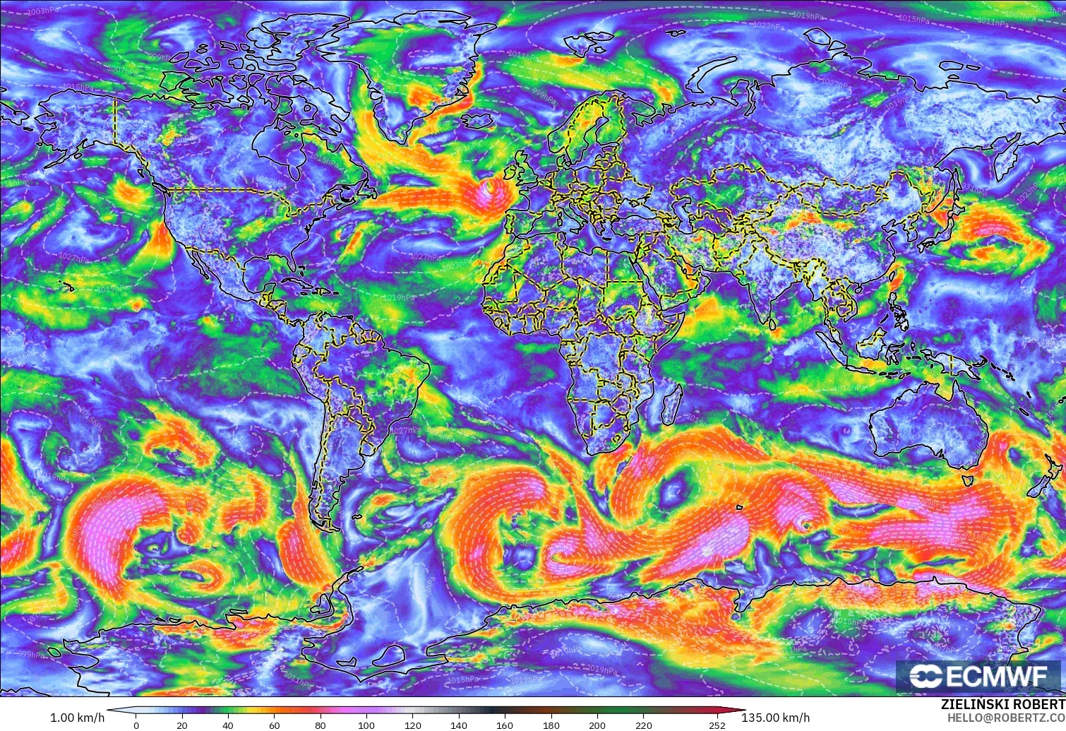 ECMWF IFS 0.25° modelo - Mundo, Ráfagas de viento