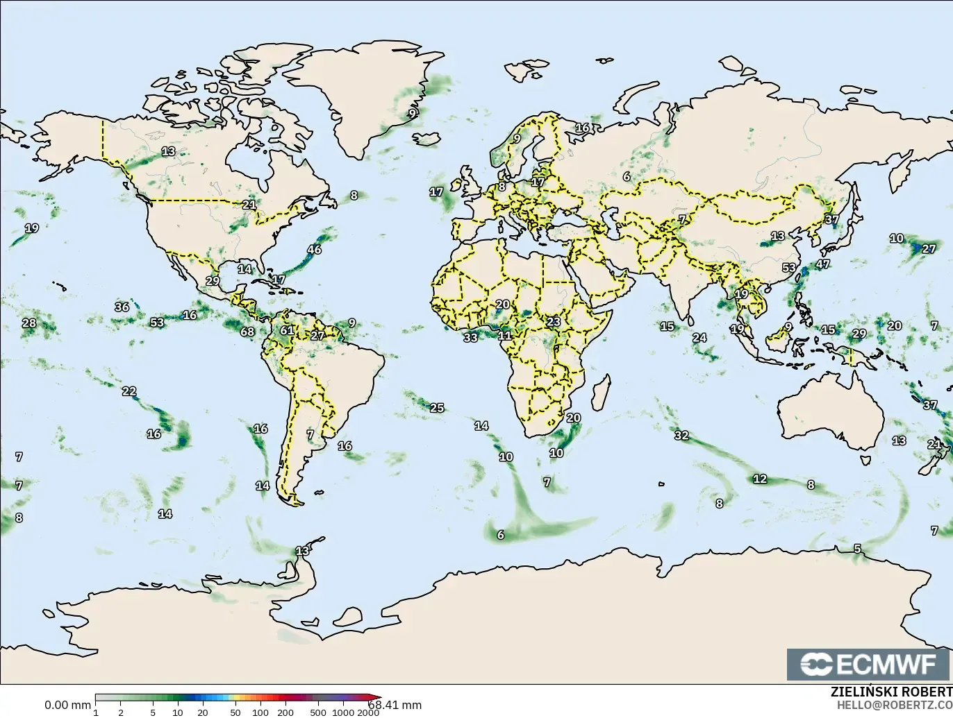 ECMWF IFS 0.25° modelo - Mundo, Acumulación de precipitación