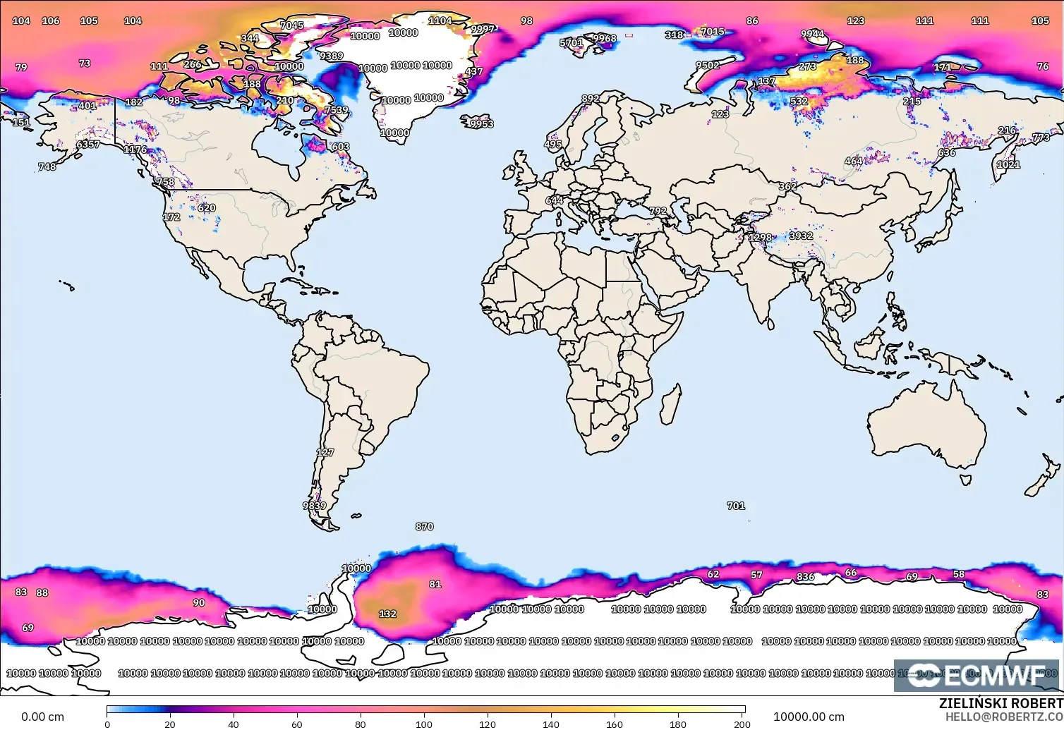 ECMWF IFS 0.25° modelo - Mundo, Profundidad de nieve