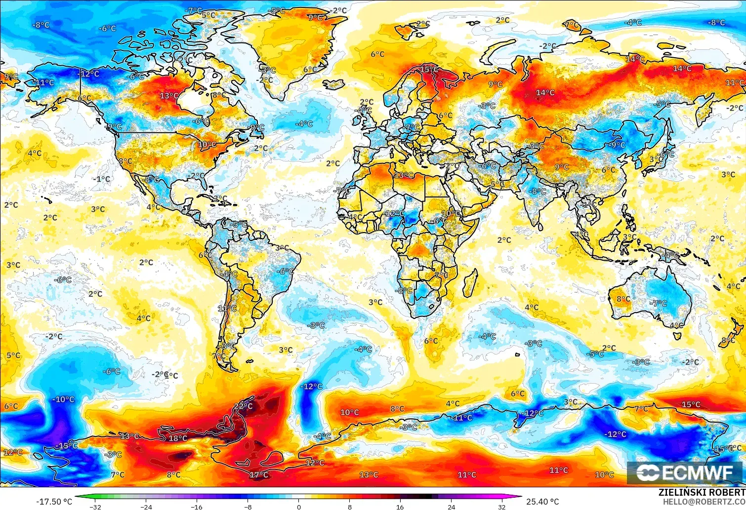 ECMWF IFS 0.25° modelo - Mundo, Anomalía de temperatura a 2 m