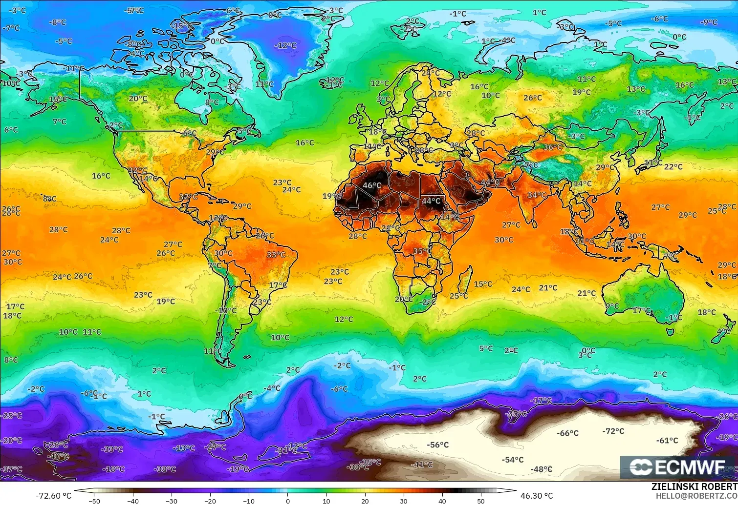 ECMWF IFS 0.25° modelo - Mundo, Temperatura a 2 m