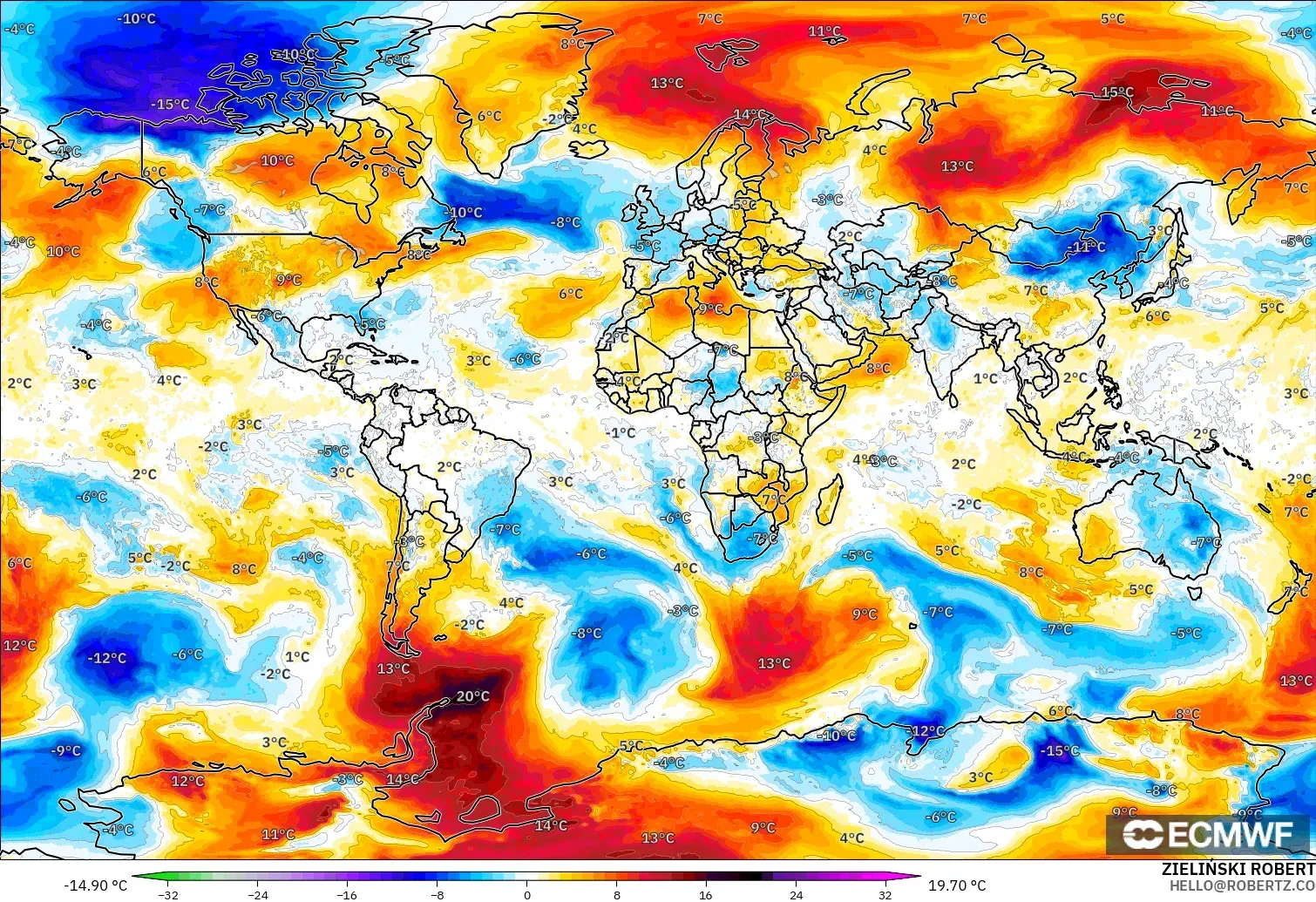 ECMWF IFS 0.25° modelo - Mundo, Anomalía de temperatura a 850 hPa