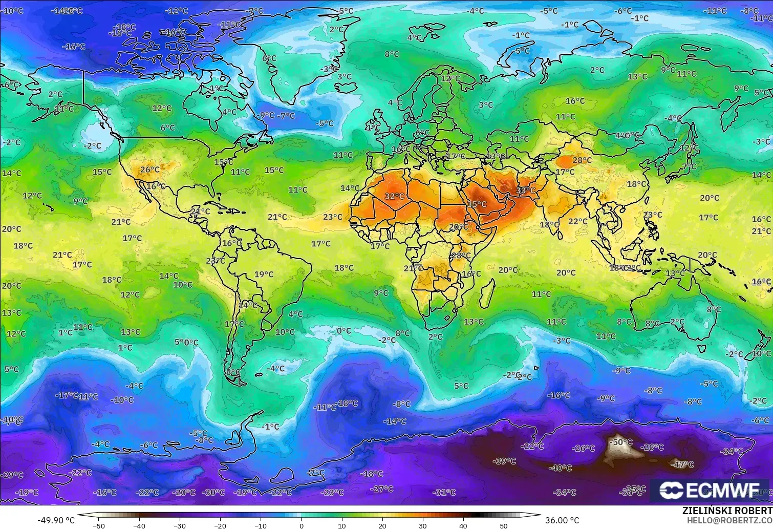 ECMWF IFS 0.25° modelo - Mundo, Temperatura a 850 hPa