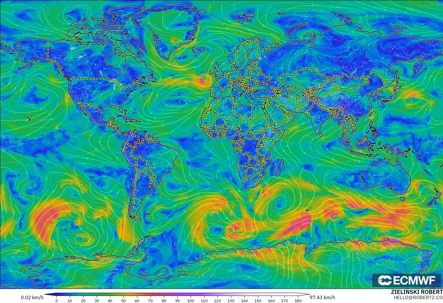 ECMWF IFS 0.25° modelo - Mundo, Viento a 10 m