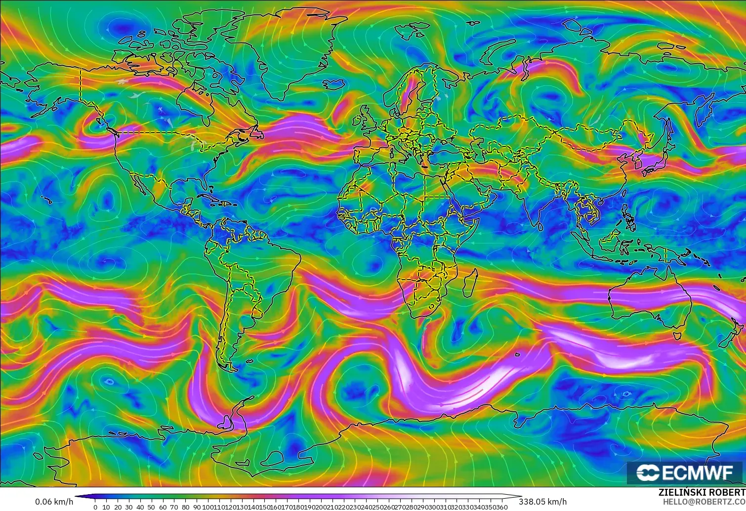 ECMWF IFS 0.25° modelo - Mundo, Viento a 300 hPa (corriente en chorro)