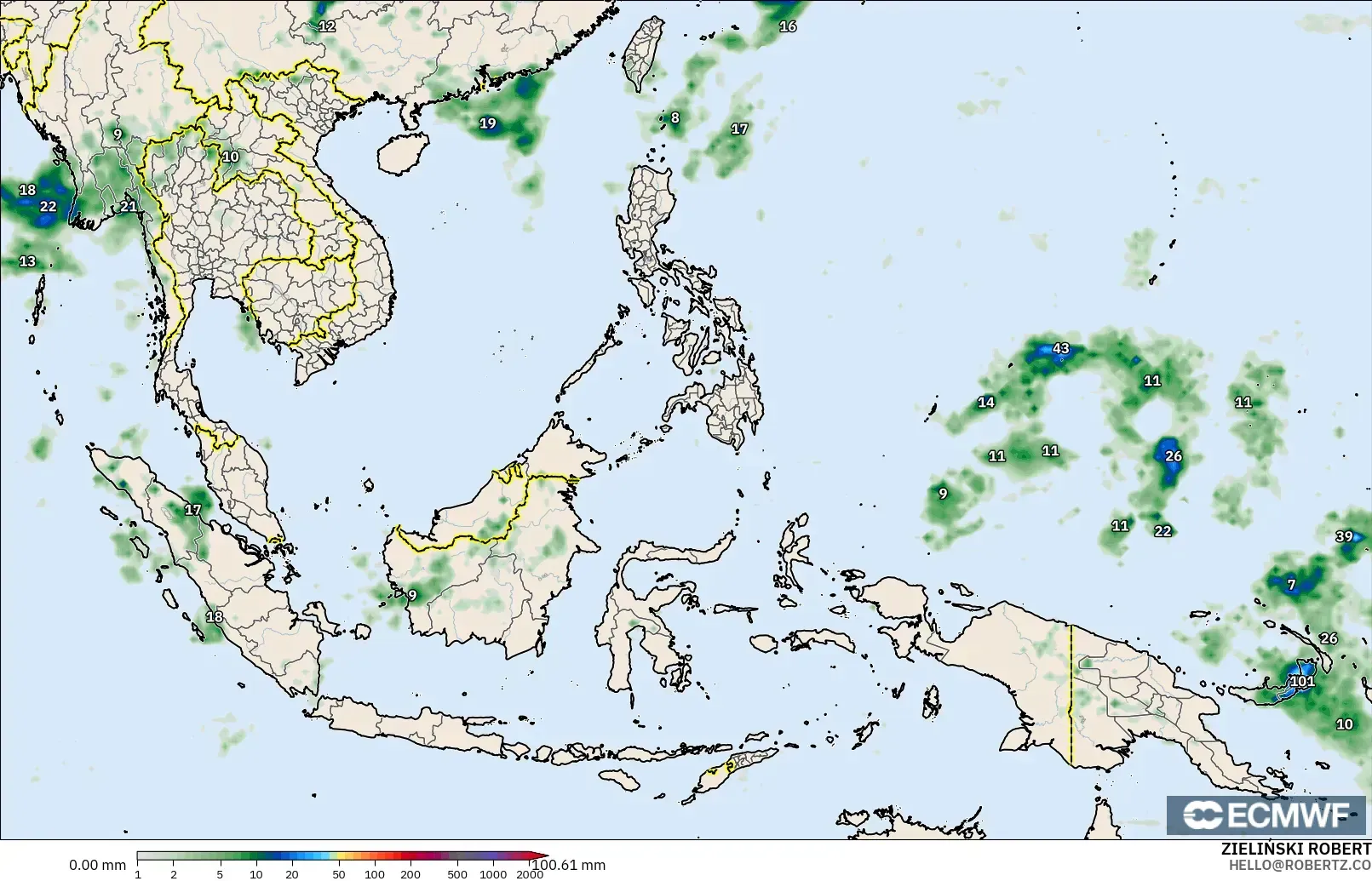 ECMWF IFS 0.25° modelo - Sudeste Asiático, Acumulación de precipitación