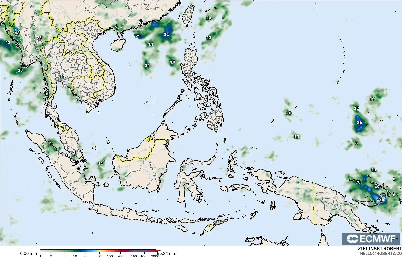 ECMWF IFS 0.25° modelo - Sudeste Asiático, Acumulación de precipitación