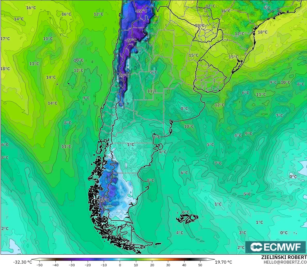ECMWF IFS 0.25° modelo - Argentina, Punto de rocío a 2 m