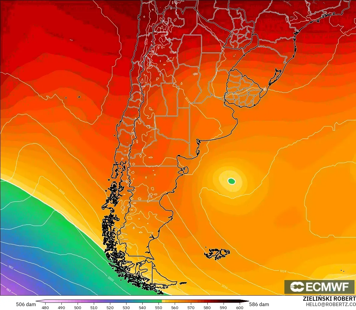 ECMWF IFS 0.25° modelo - Argentina, Altura geopotencial a 500 hPa