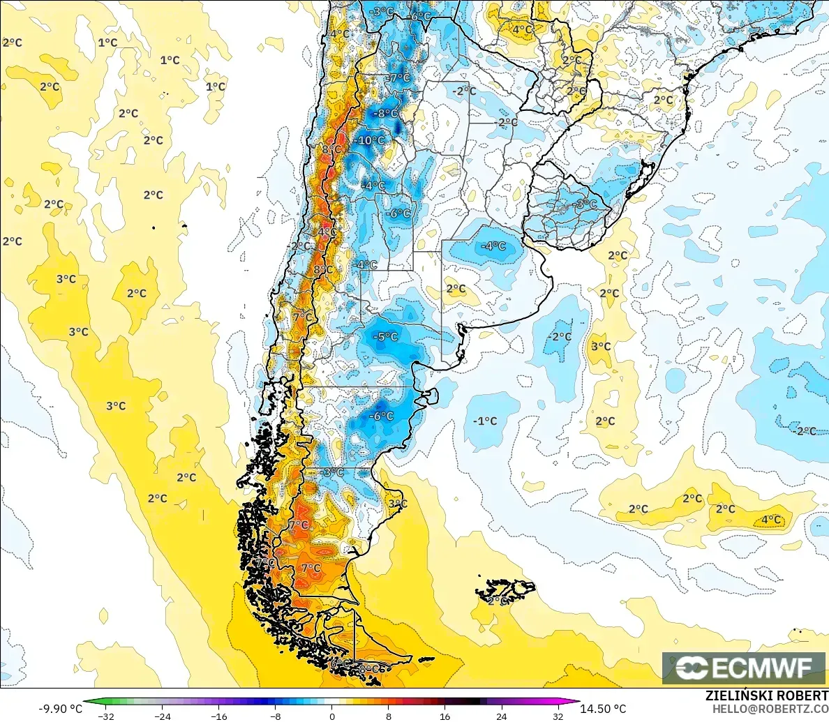 ECMWF IFS 0.25° modelo - Argentina, Anomalía de temperatura a 2 m
