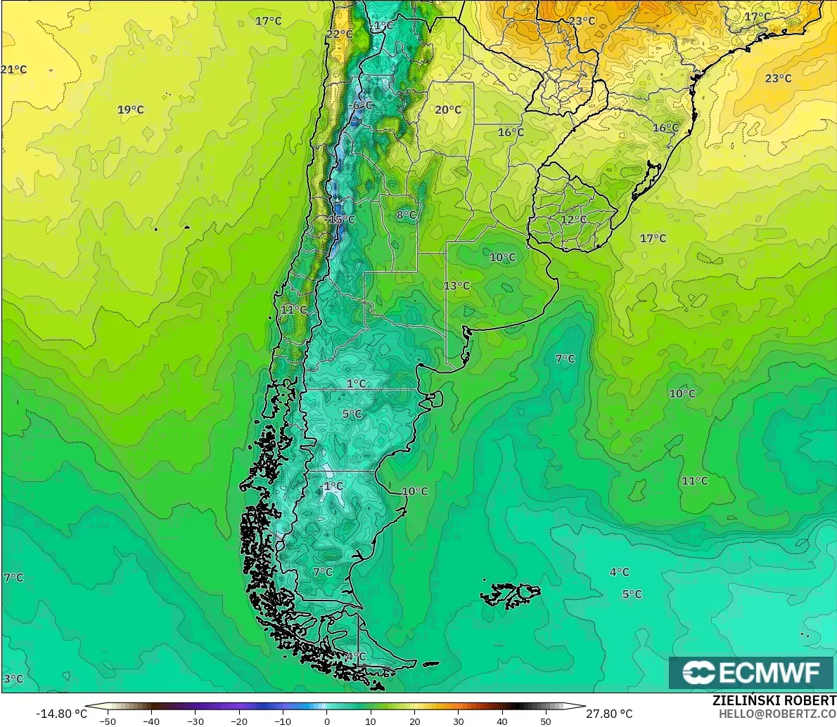 ECMWF IFS 0.25° modelo - Argentina, Temperatura a 2 m