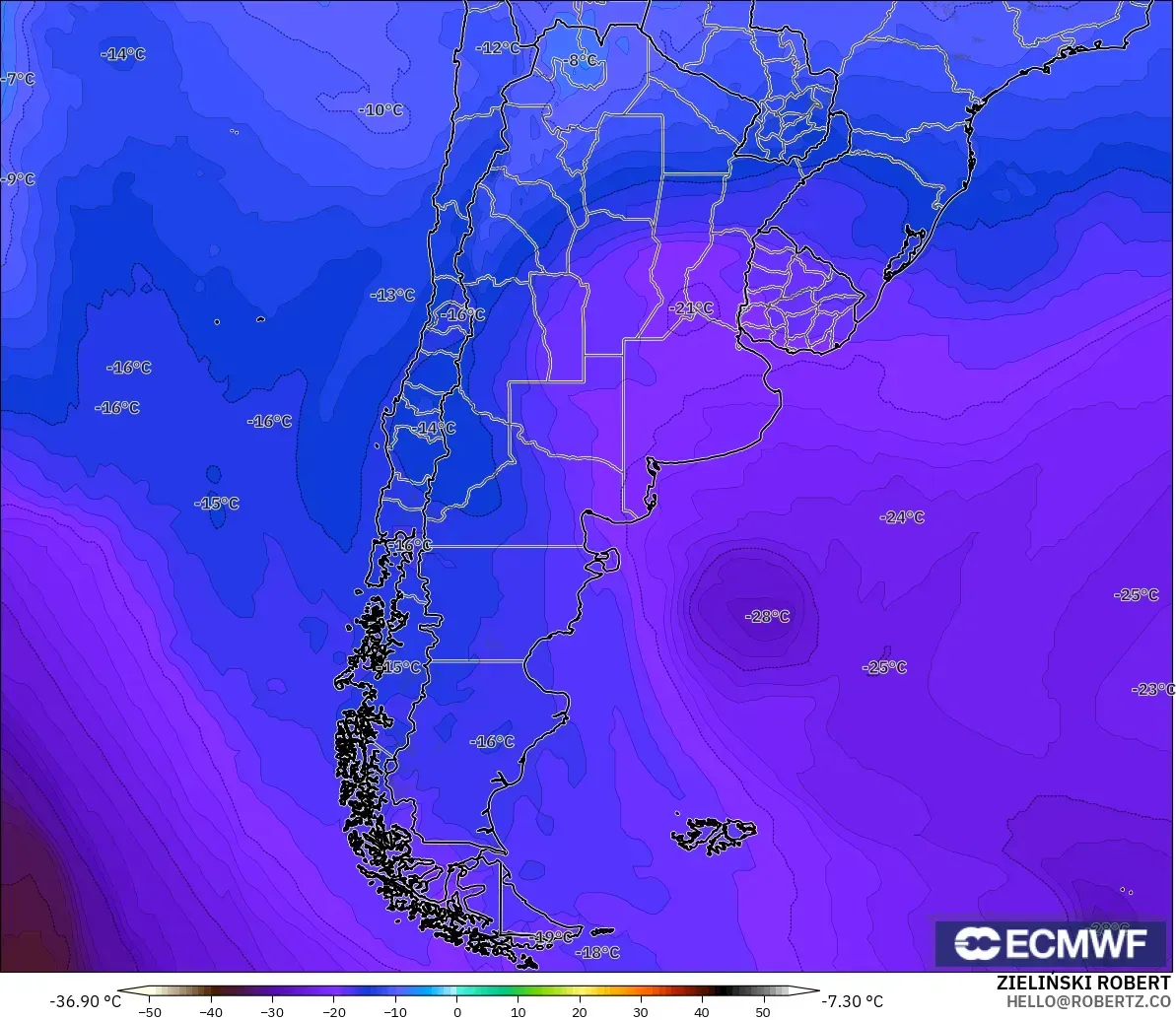 ECMWF IFS 0.25° modelo - Argentina, Temperatura a 500 hPa