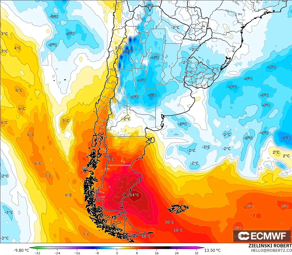 ECMWF IFS 0.25° modelo - Argentina, Anomalía de temperatura a 850 hPa