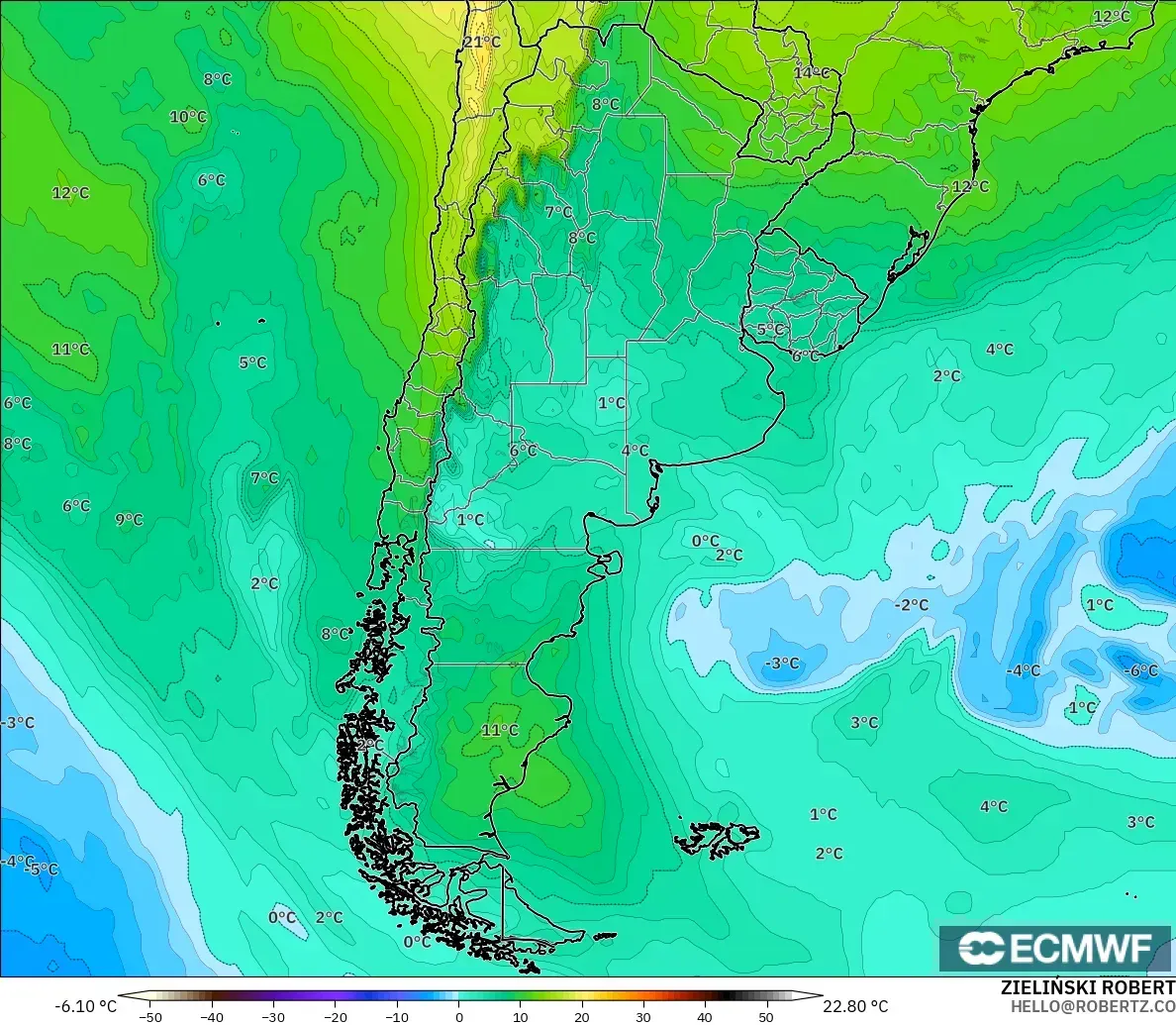 ECMWF IFS 0.25° modelo - Argentina, Temperatura a 850 hPa
