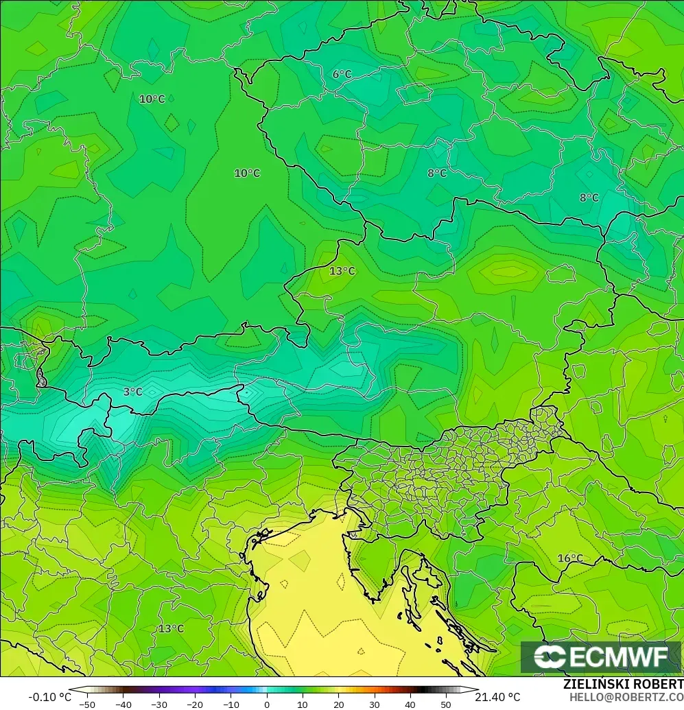 ECMWF IFS 0.25° modelo - Austria, Punto de rocío a 2 m