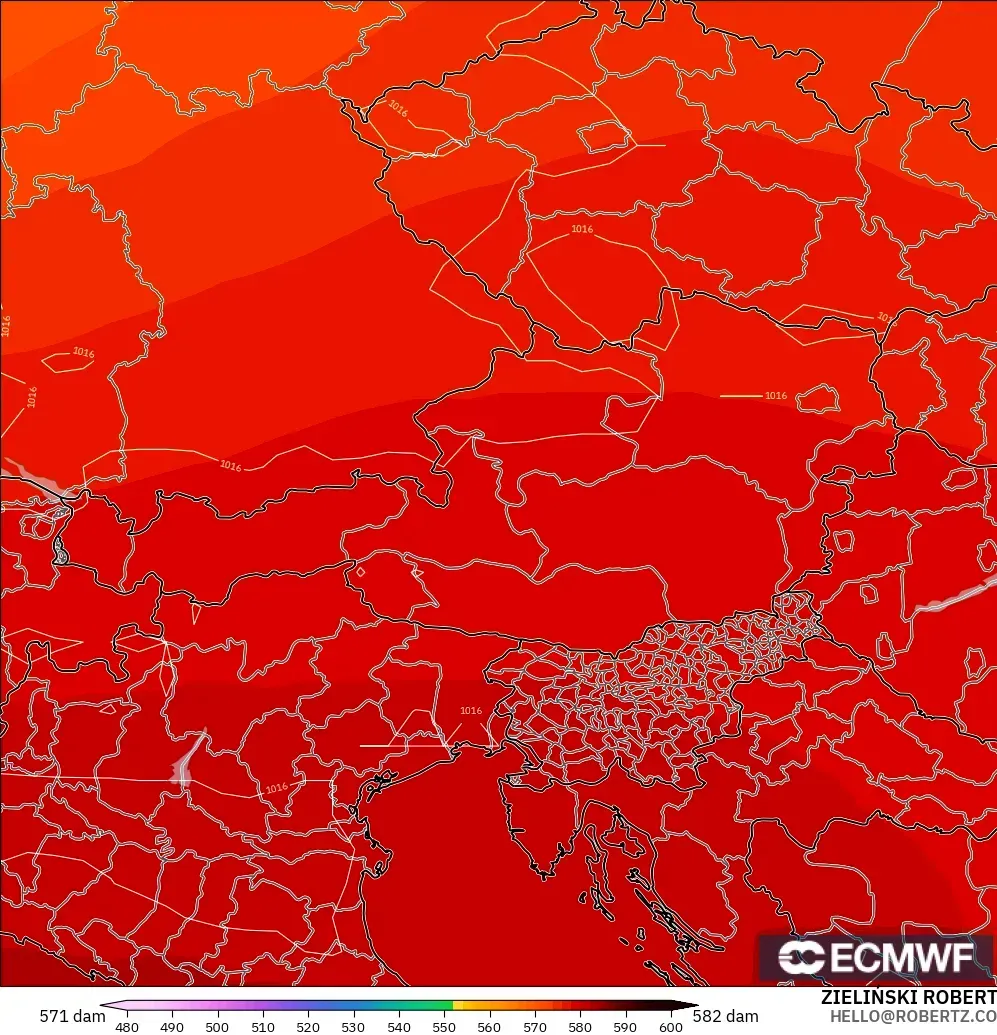 ECMWF IFS 0.25° modelo - Austria, Altura geopotencial a 500 hPa