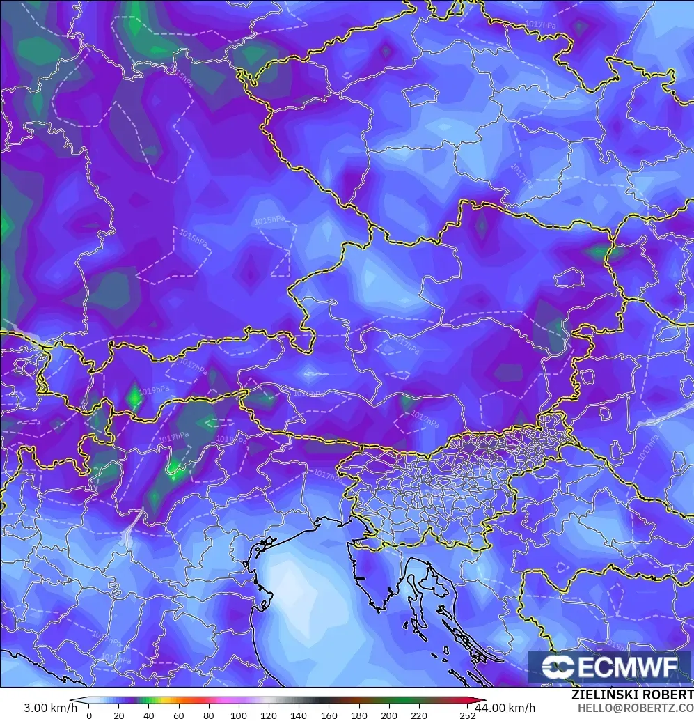ECMWF IFS 0.25° modelo - Austria, Ráfagas de Viento Máximas