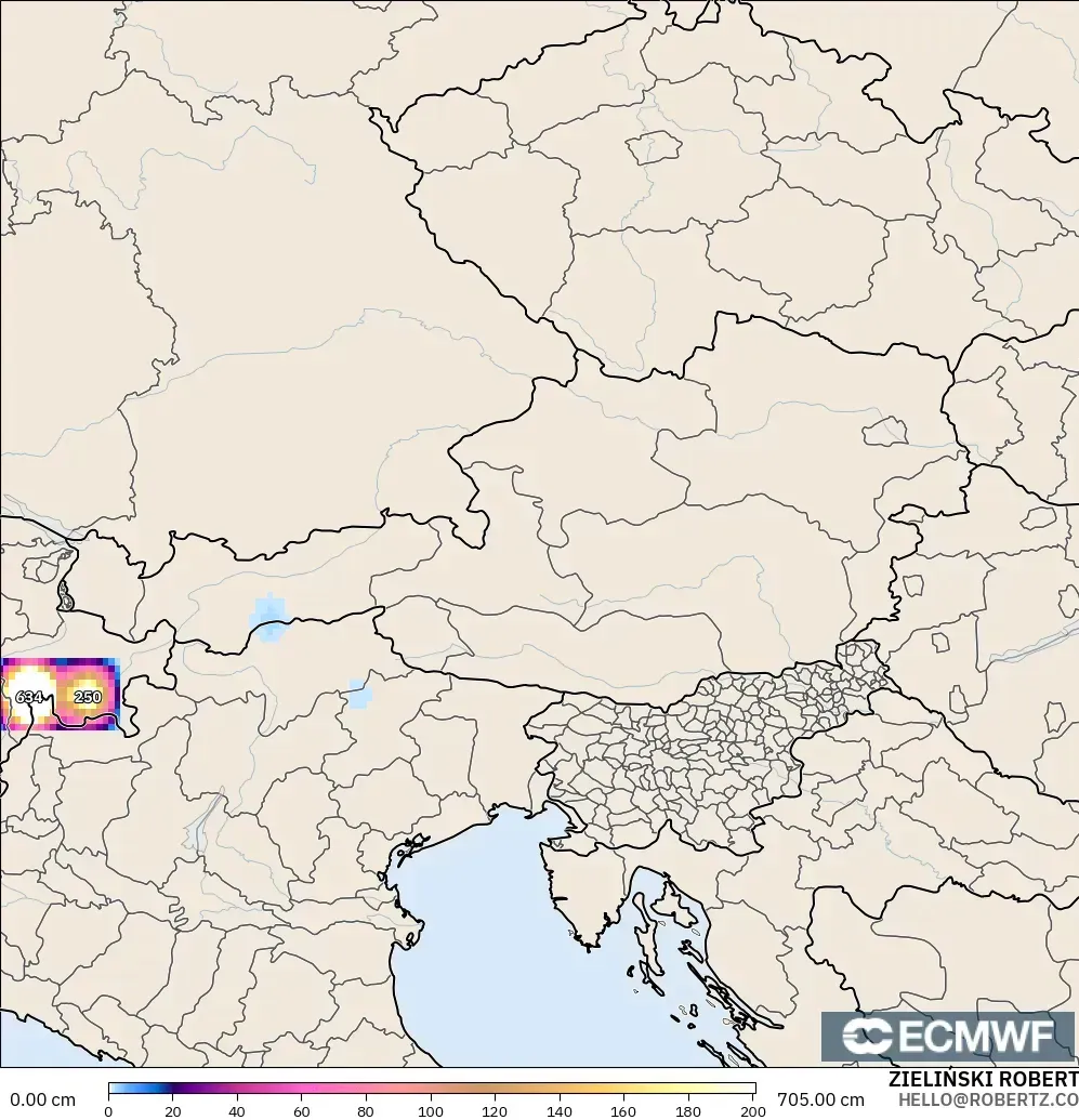 ECMWF IFS 0.25° modelo - Austria, Profundidad de nieve