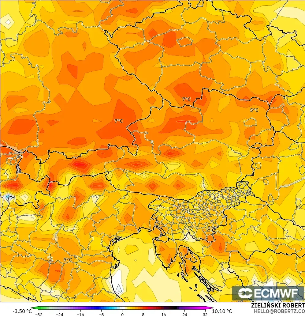 ECMWF IFS 0.25° modelo - Austria, Anomalía de temperatura a 2 m