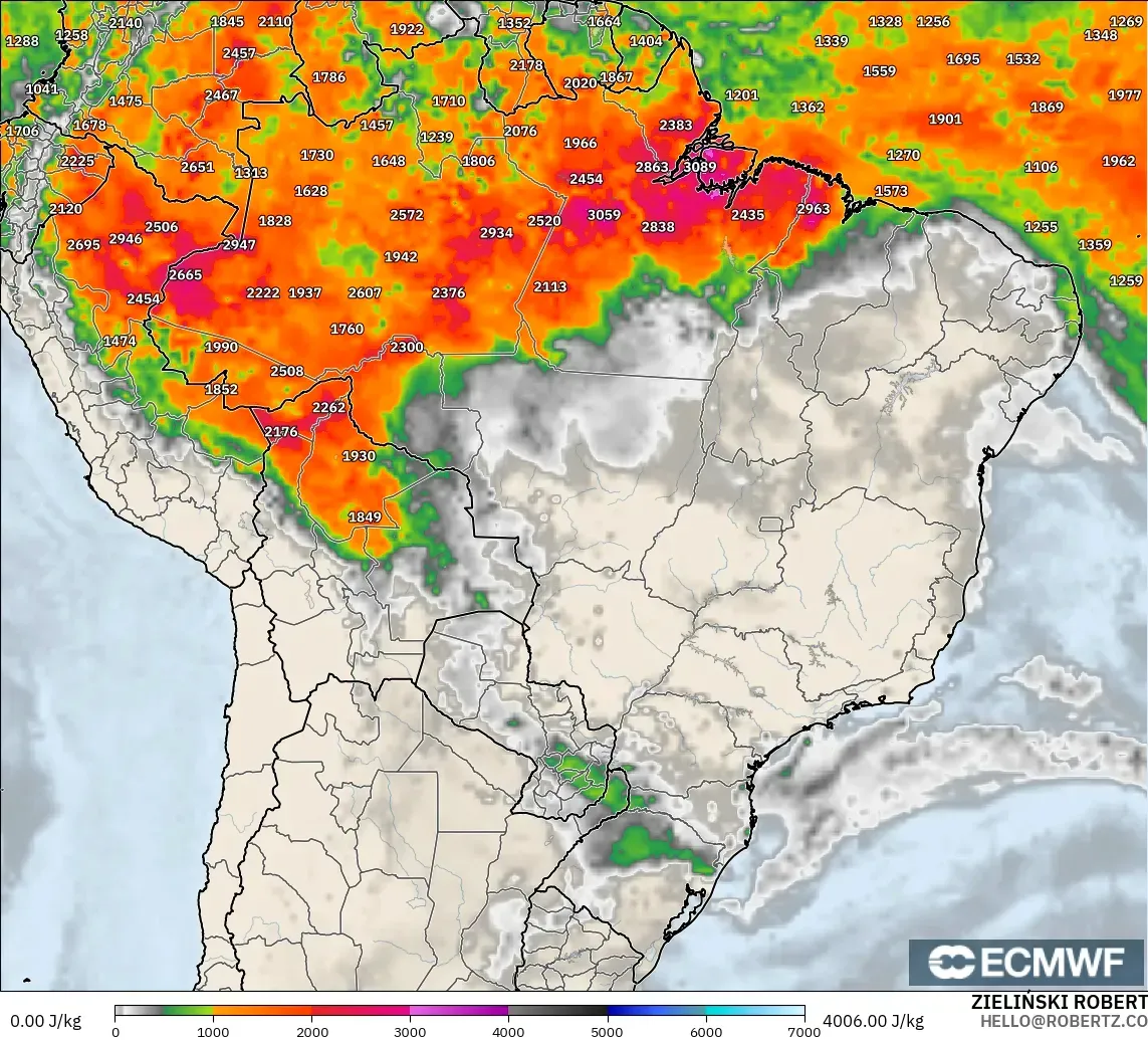 ECMWF IFS 0.25° modelo - Brasil, CAPE