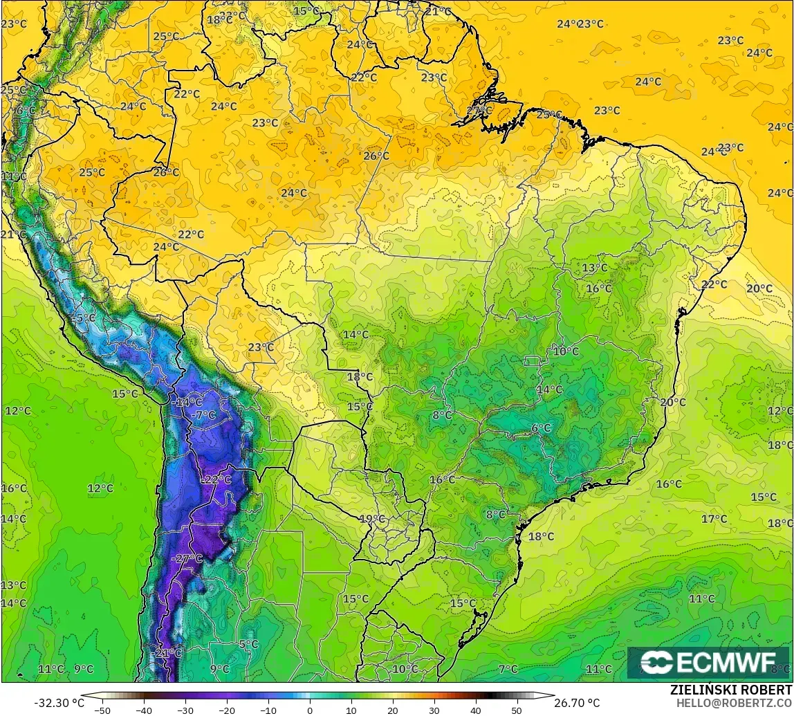 ECMWF IFS 0.25° modelo - Brasil, Punto de rocío a 2 m