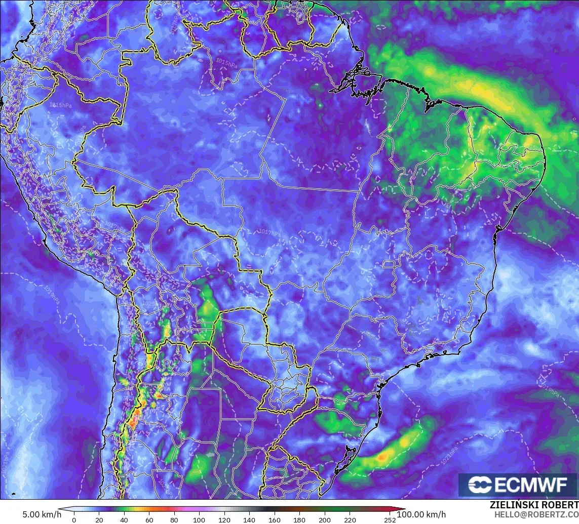 ECMWF IFS 0.25° modelo - Brasil, Ráfagas de Viento Máximas
