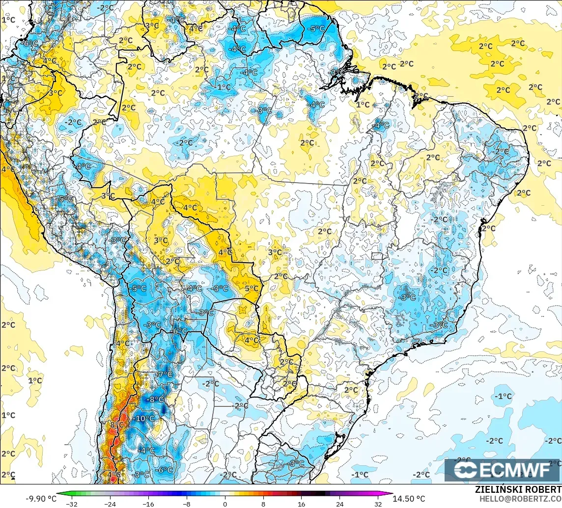 ECMWF IFS 0.25° modelo - Brasil, Anomalía de temperatura a 2 m