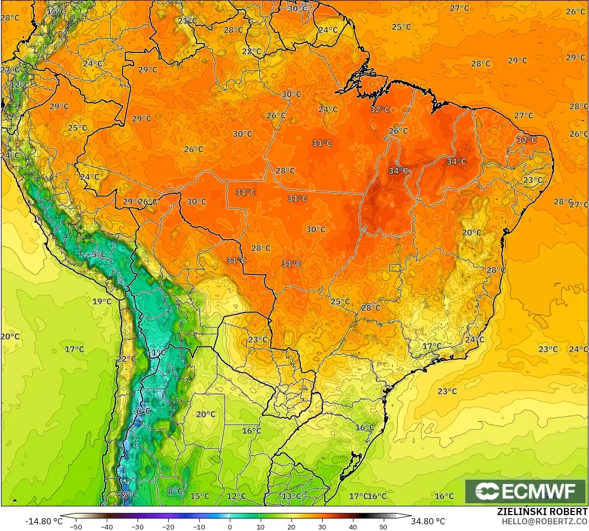 ECMWF IFS 0.25° modelo - Brasil, Temperatura a 2 m