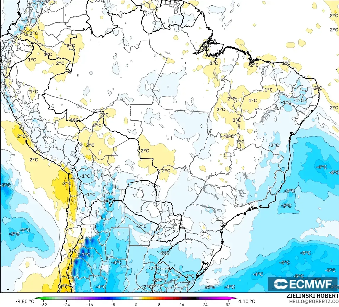 ECMWF IFS 0.25° modelo - Brasil, Anomalía de temperatura a 850 hPa