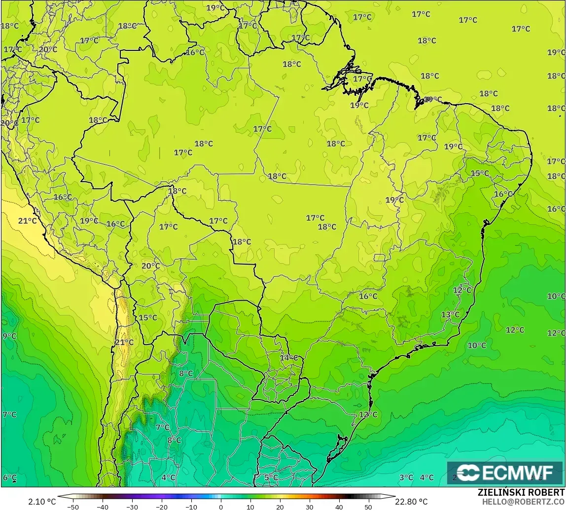 ECMWF IFS 0.25° modelo - Brasil, Temperatura a 850 hPa