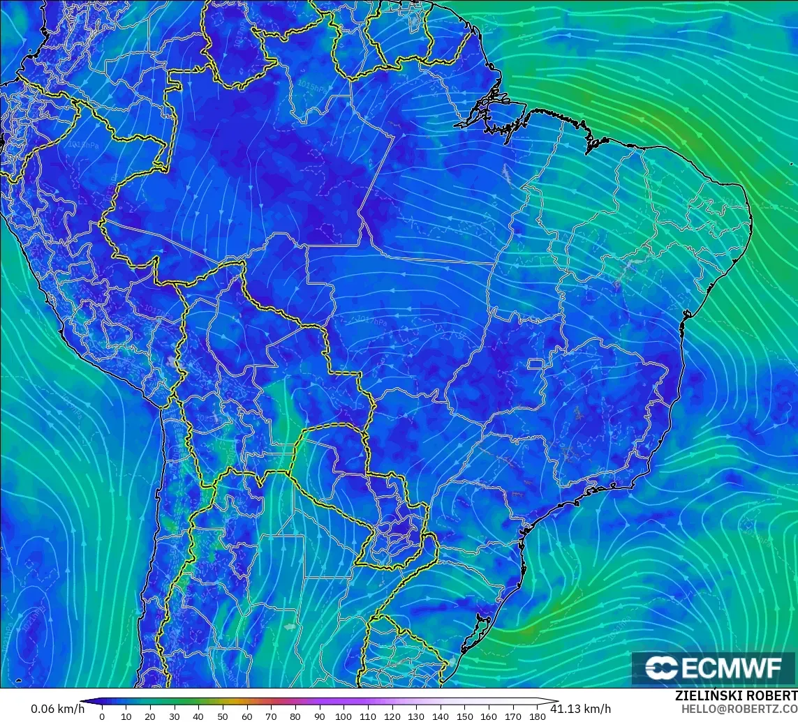 ECMWF IFS 0.25° modelo - Brasil, Viento a 10 m