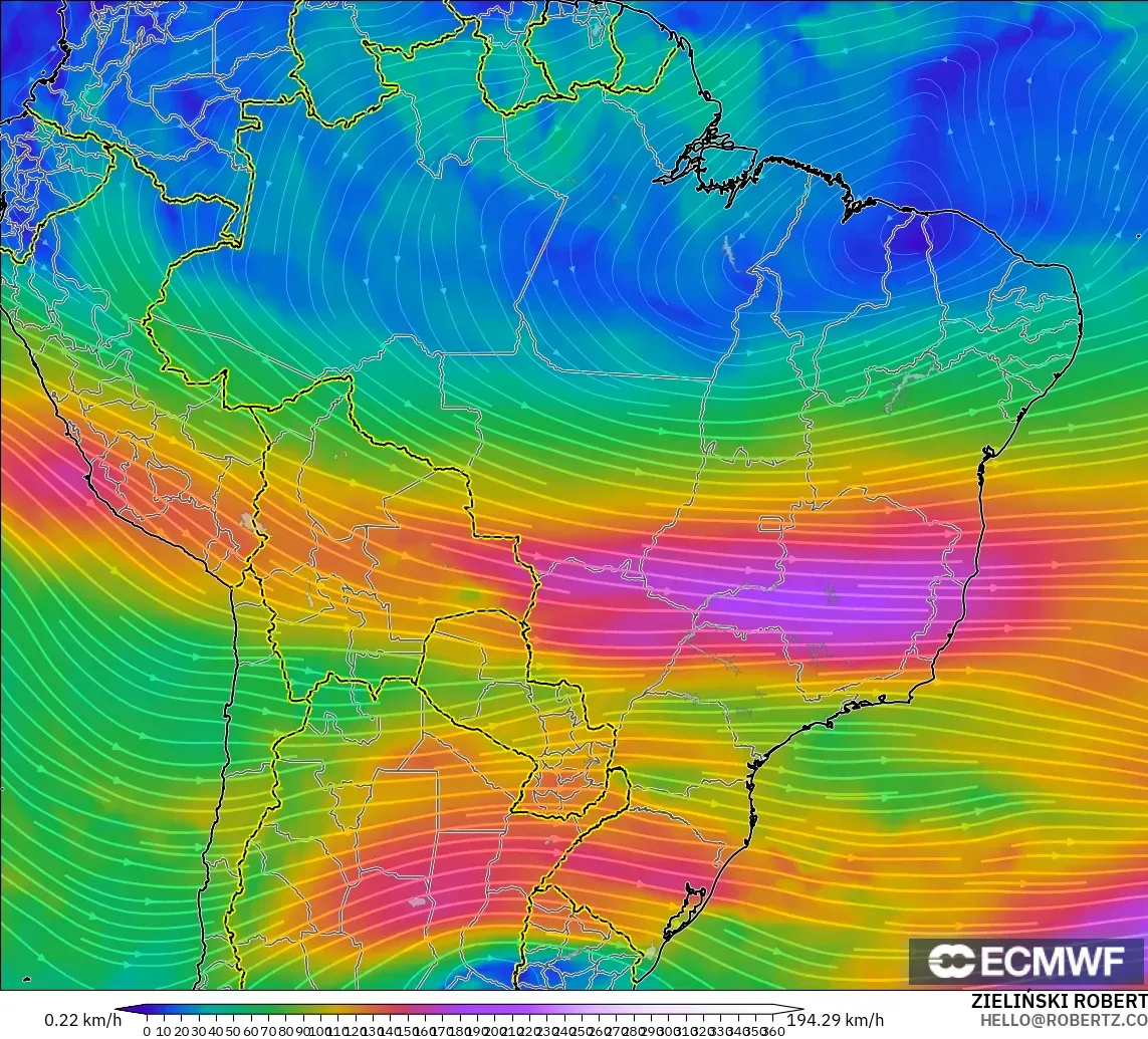 ECMWF IFS 0.25° modelo - Brasil, Viento a 300 hPa (corriente en chorro)