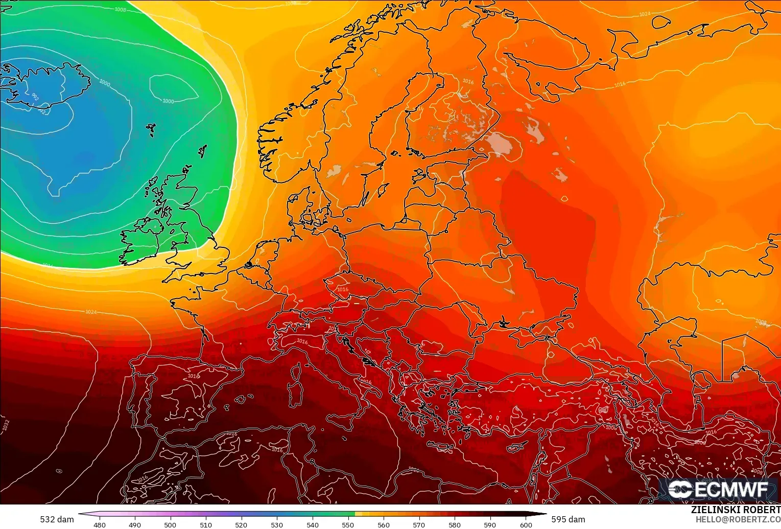 ECMWF IFS 0.25° modelo - Europa, Altura geopotencial a 500 hPa